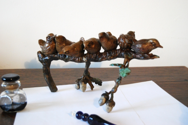 Bronze Wren Family Oak on table by Sculptress JOEL